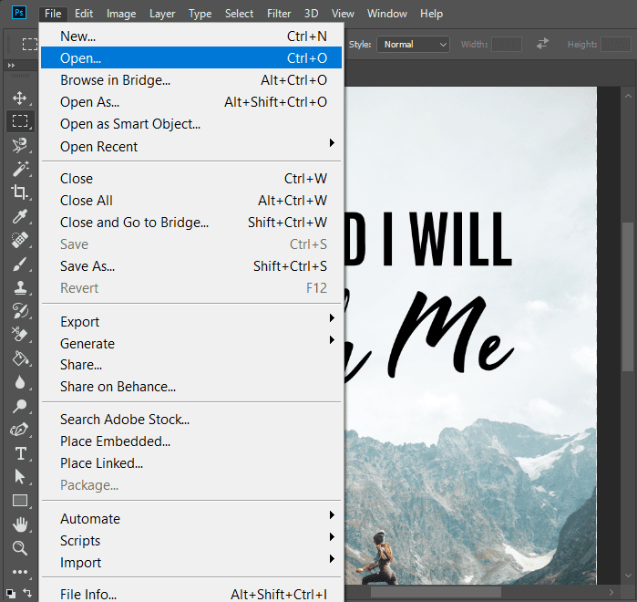 Fai clic su File dal menu di Photoshop e seleziona Apri