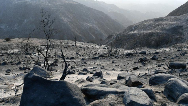 The Thomas fire left behind vast swaths of charred landscape. On 7 January 2018, authorities ordered evacuations below burn areas in anticipation of a strong winter storm. Photo: Hal Wells / Los Angeles Times