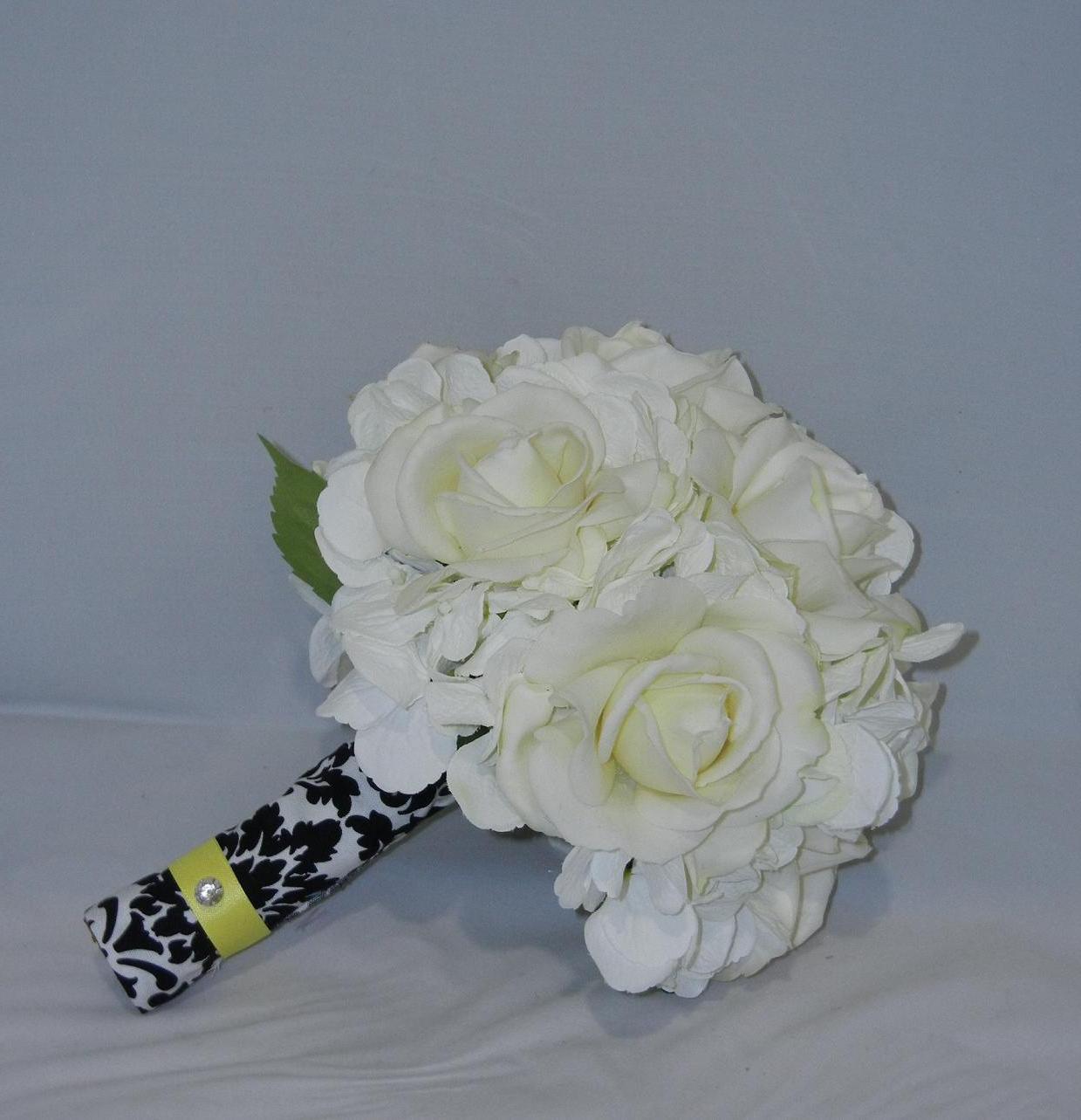 Bridal Bouquet with White Real Touch Roses, White Silk Hydrangeas Wrapped in