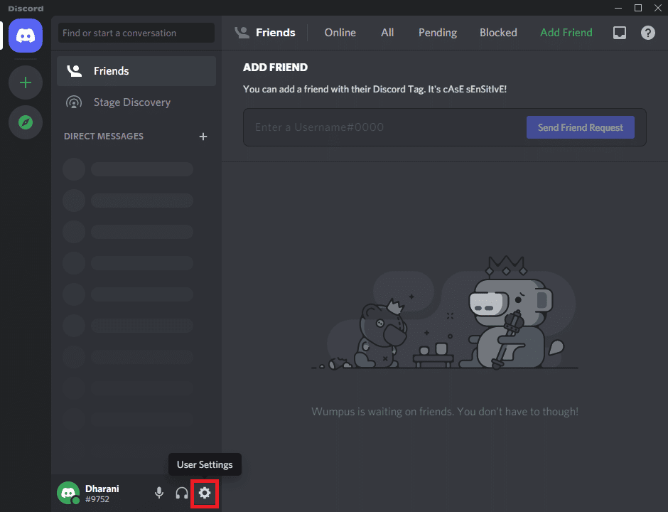 Start Discord en klik op het tandwielpictogram in de linkerbenedenhoek van het scherm |  Fix Discord Go Live verschijnt niet