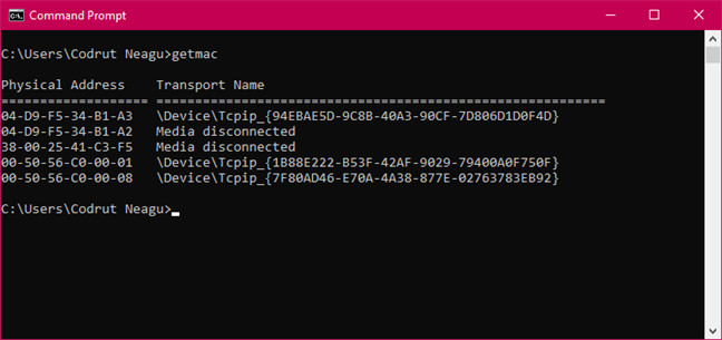 Getmac toont de fysieke adressen van alle netwerkadapters