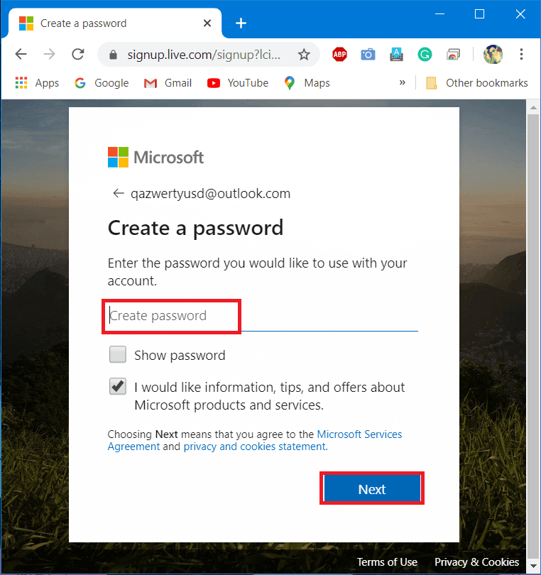 Crea una password complessa e inserisci Avanti.