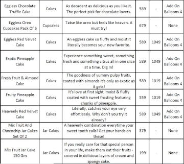 IGP Cakes menu 