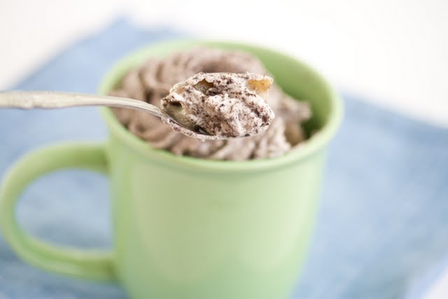 photo of a spoonful of Cookies and Cream Mug Cake