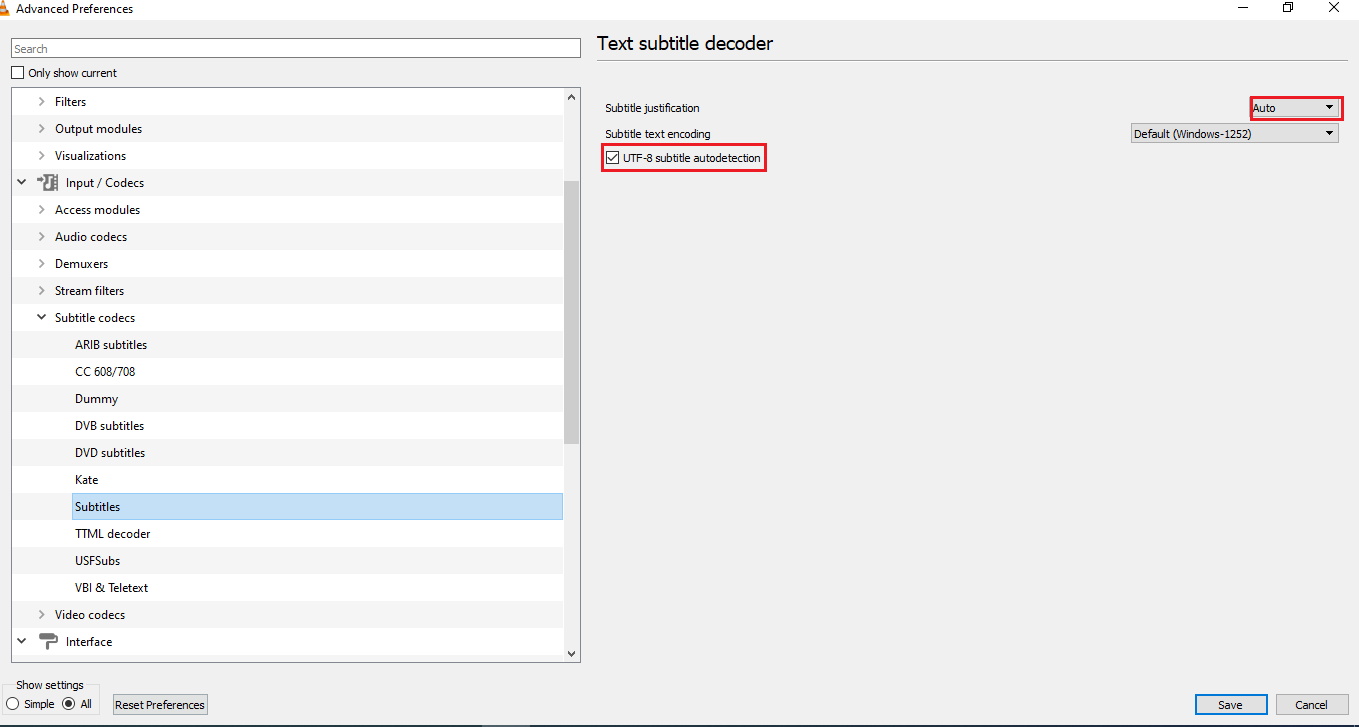 Seleccione Automático para la configuración Justificación de subtítulos y marque la casilla Autenticación de subtítulos UTF 8