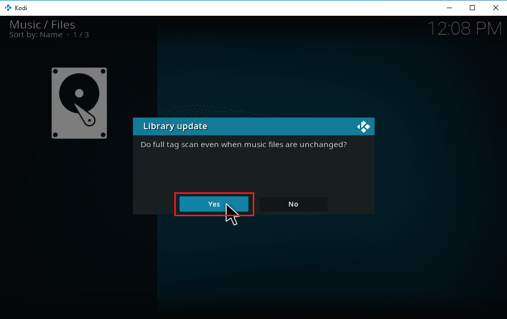 Seleccione Sí y confirme el cambio de actualización de la biblioteca.  Cómo agregar música a Kodi