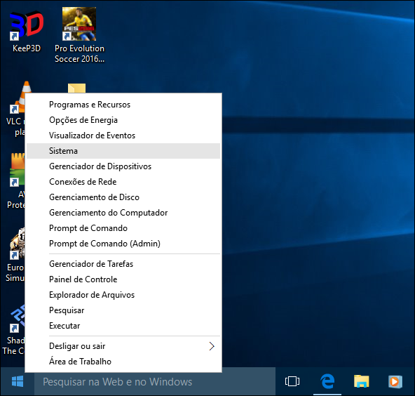 Clique com o botão direito no menu Iniciar, depois clique em Sistema