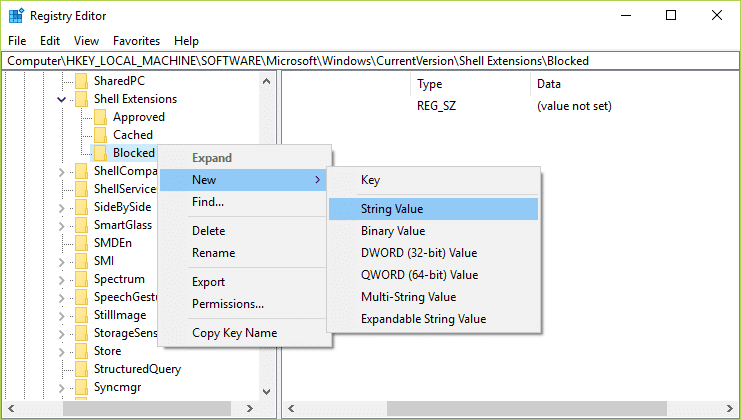 คลิกขวาที่คีย์ที่ถูกบล็อก จากนั้นเลือก New จากนั้นคลิกที่ String Value