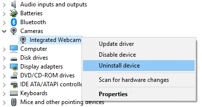 Haga clic derecho en su cámara web y luego seleccione Desinstalar dispositivo