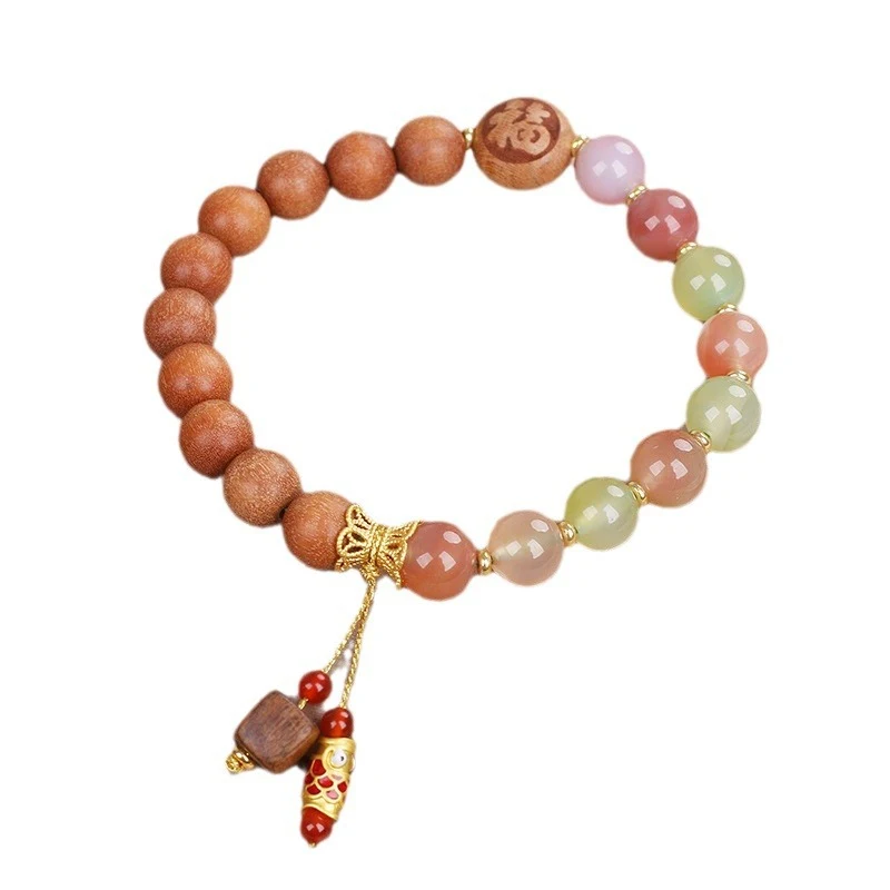 Bracelet en bois de santal et agate de style chinois, rétro, doux et naturel. Apportez une touche artistique et profitez du bien-être.