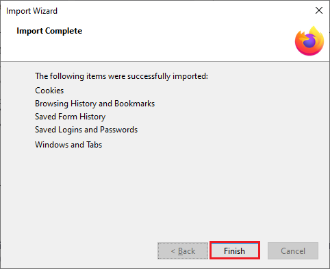 Bouton Terminer dans la fenêtre Assistant d'importation.  Correction de Firefox SSL_ERROR_NO_CYPHER_OVERLAP dans Windows 10