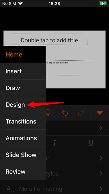 Коснитесь вкладки «Дизайн PowerPoint» на iPhone.