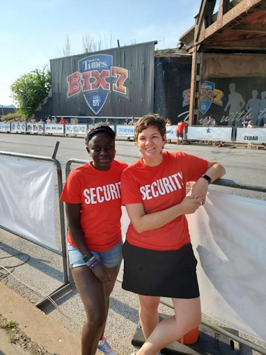 Volunteer security staff kept the finish line safe