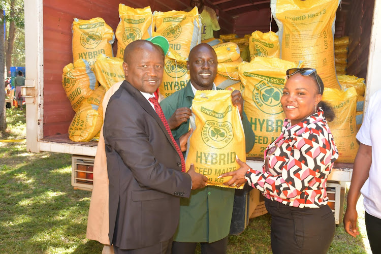 Kenya Seed Company chairperson Wangui Ngirichi distributing maize seed in Eldoret