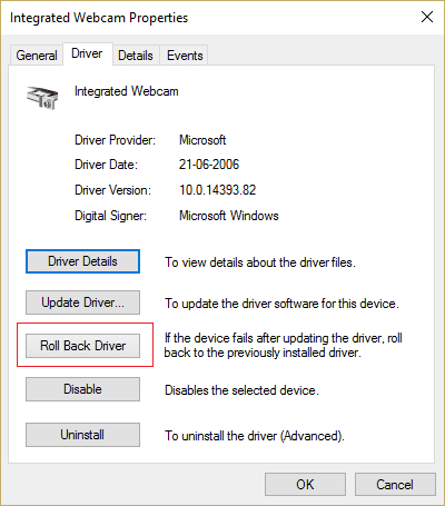 สลับไปที่แท็บไดรเวอร์แล้วคลิกที่ Roll Back Driver