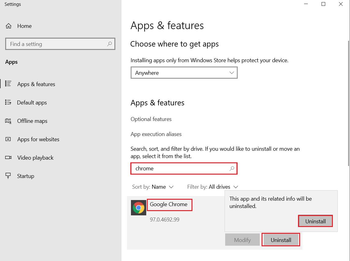 verwijder de Google Chrome-browser uit Apps en functies