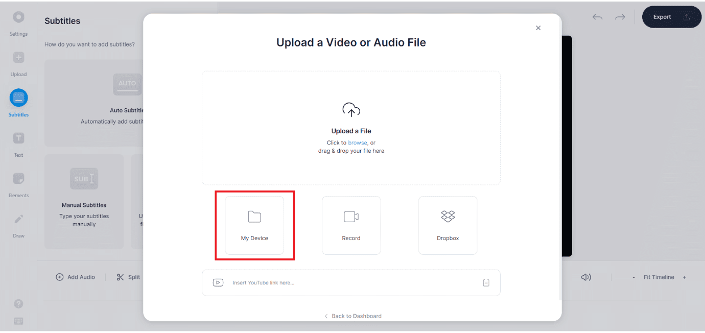 Ahora, cargue su archivo de video.  Haga clic en la opción Mi dispositivo, como se muestra |  Cómo agregar subtítulos a una película de forma permanente