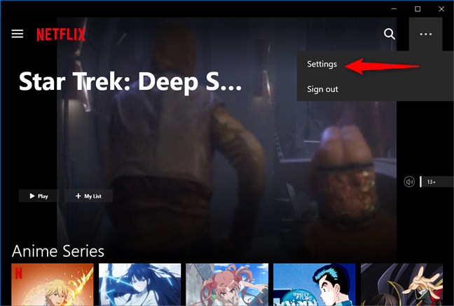 Het item Instellingen van de Netflix-app voor Windows 10