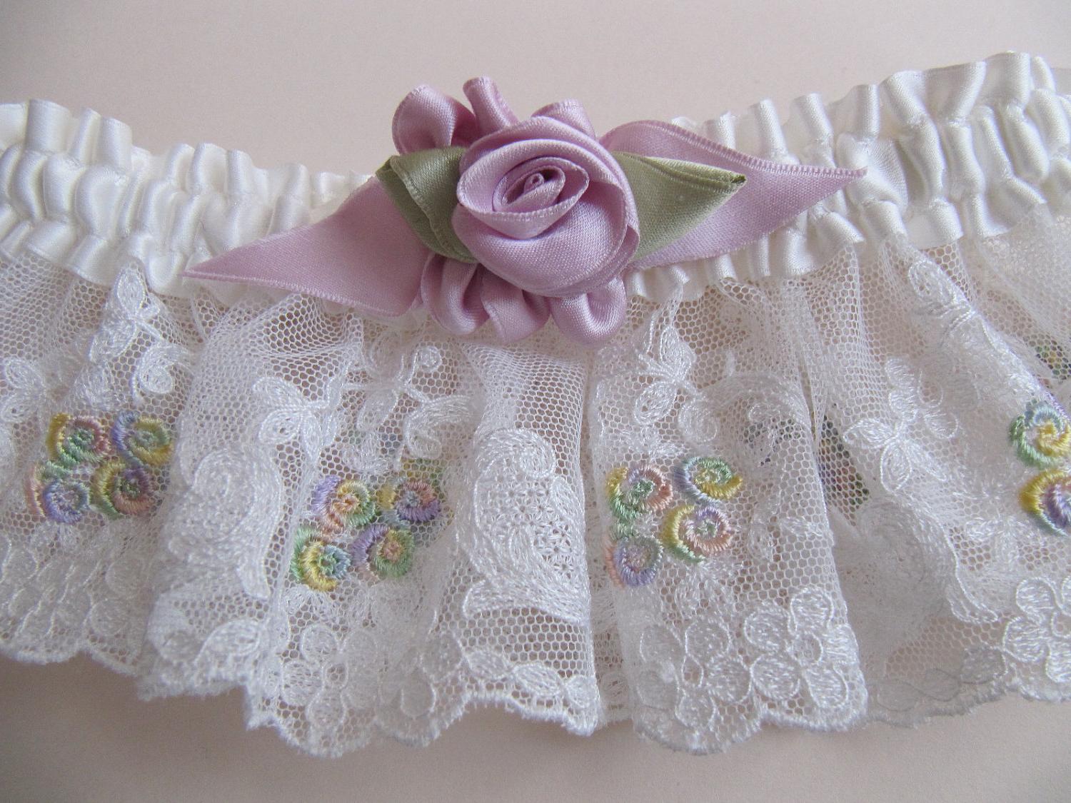 White silk Bridal garter, vintage lace, purple vintage style ribbonwork