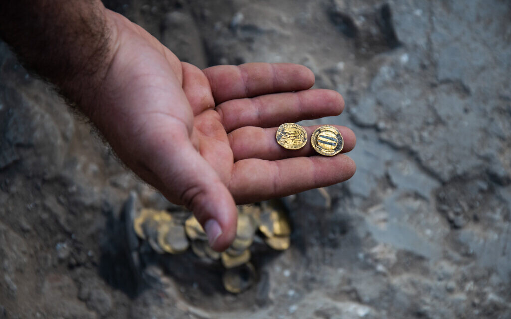 Gold coins found at central Israel archaeological dig (Yoli Schwartz/Israel Antiquities Authority)