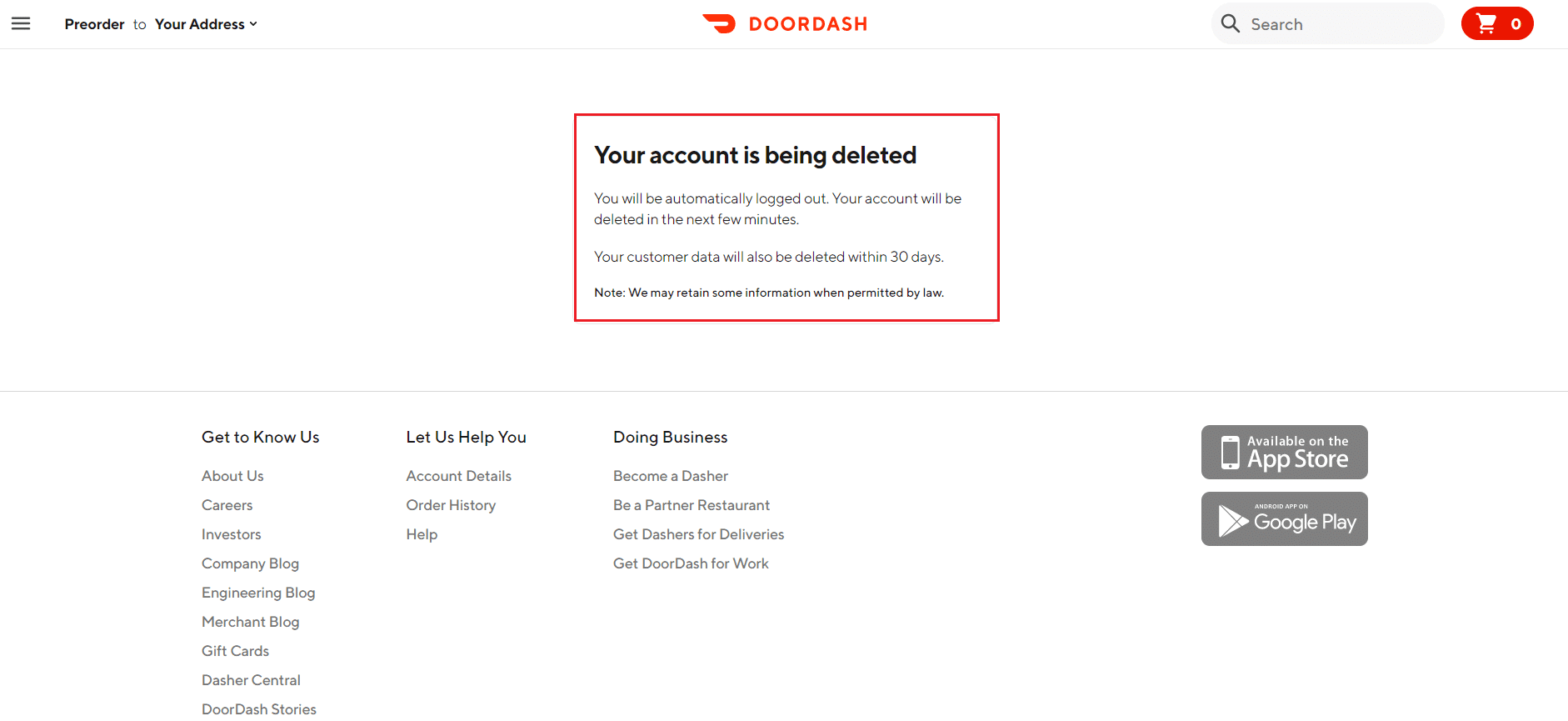 DoorDash 웹사이트에서 귀하의 계정이 삭제되었다는 메시지가 표시됩니다.