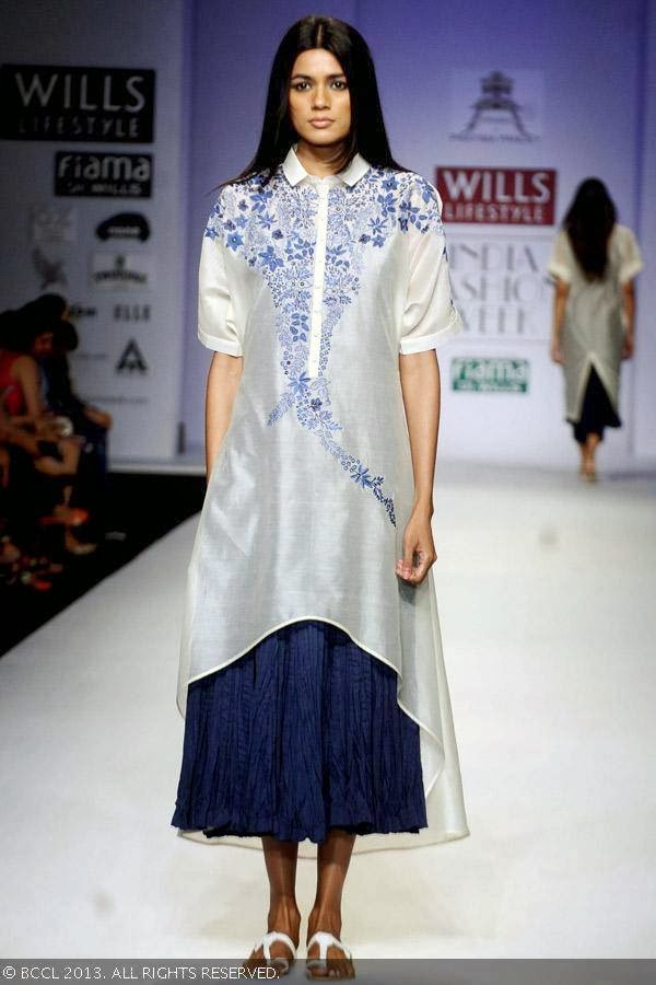 A model walks the ramp for fashion designer Pratima Pandey on Day 3 of the Wills Lifestyle India Fashion Week (WIFW) Spring/Summer 2014, held in Delhi.