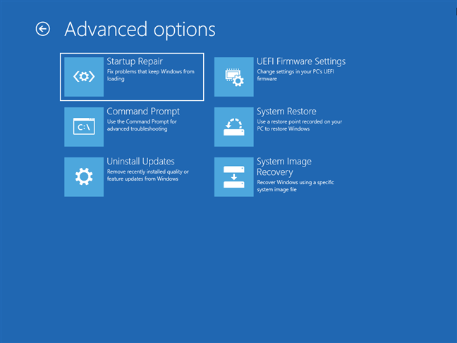 Options de dépannage sur un lecteur de récupération Windows 10