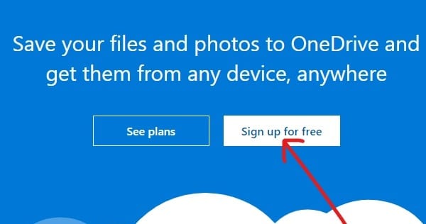 Haga clic en el botón Registrarse gratis en el sitio web de One Drive