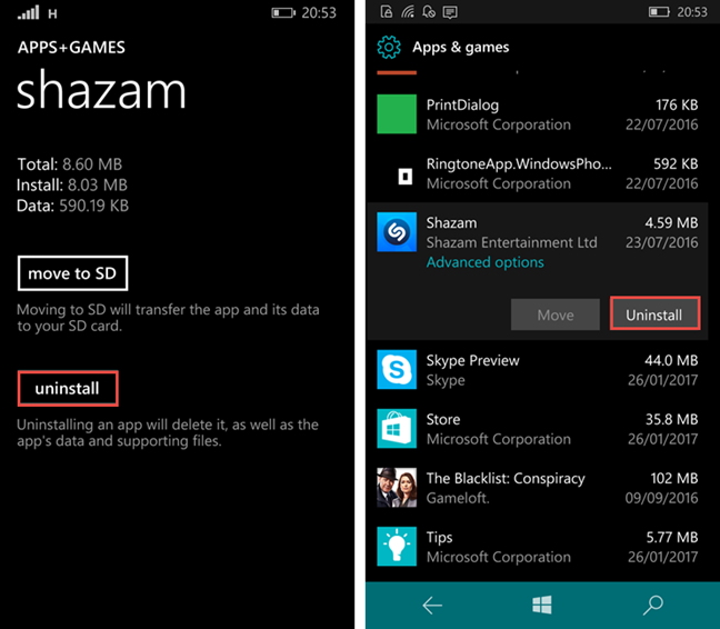 Windows 10 Mobile, Windows Phone, disinstallazione, app, giochi