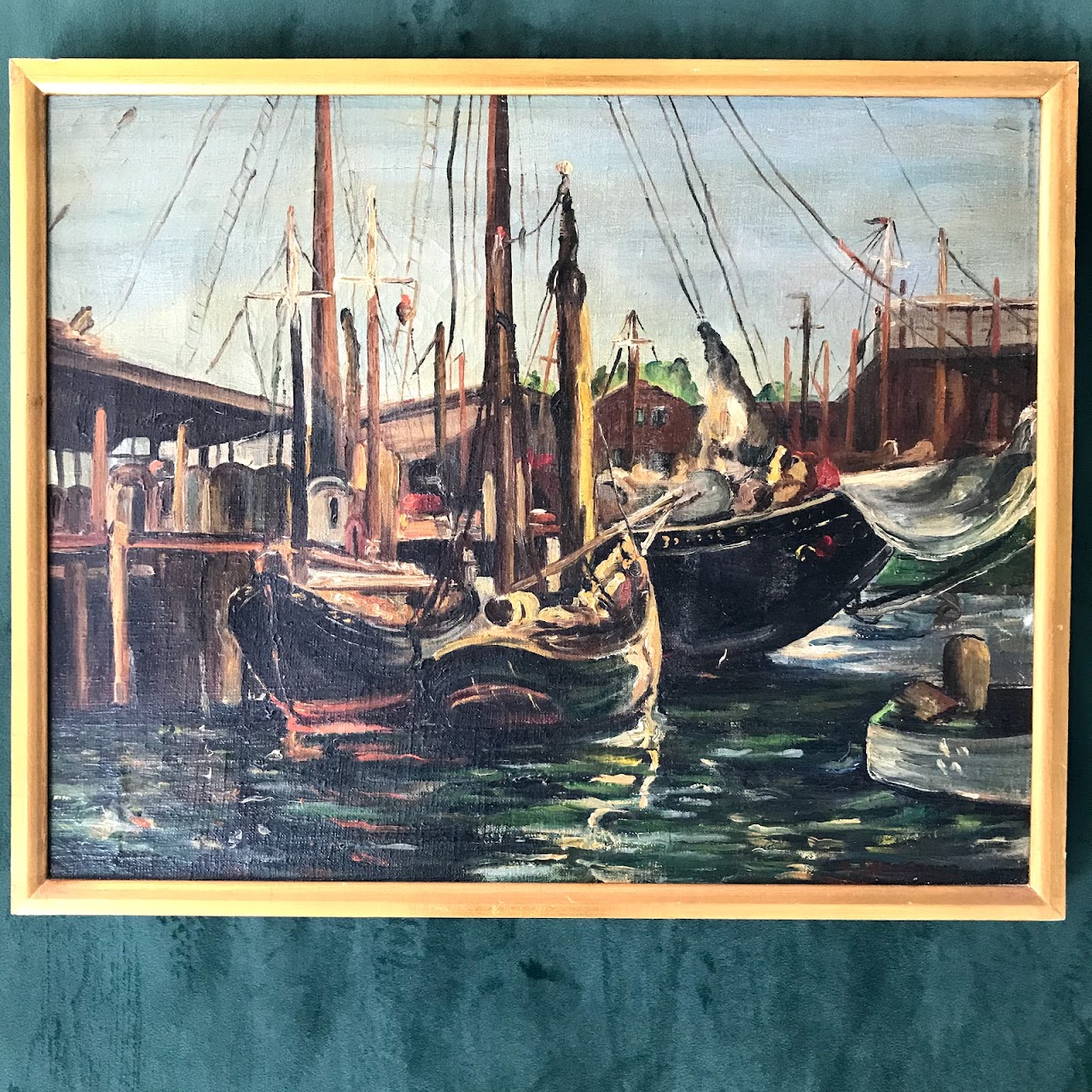 Signed Harbor Scene Oil Painting