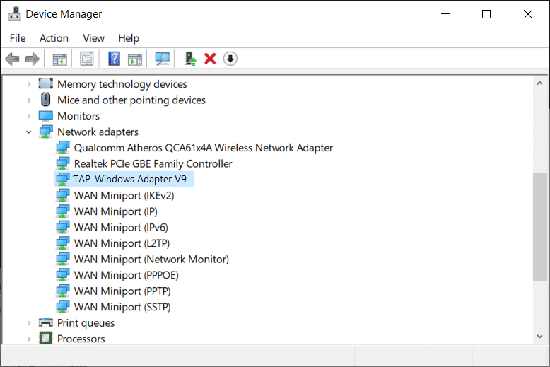 找到 TAP-Windows Adapter V9 并检查它是否带有感叹号。