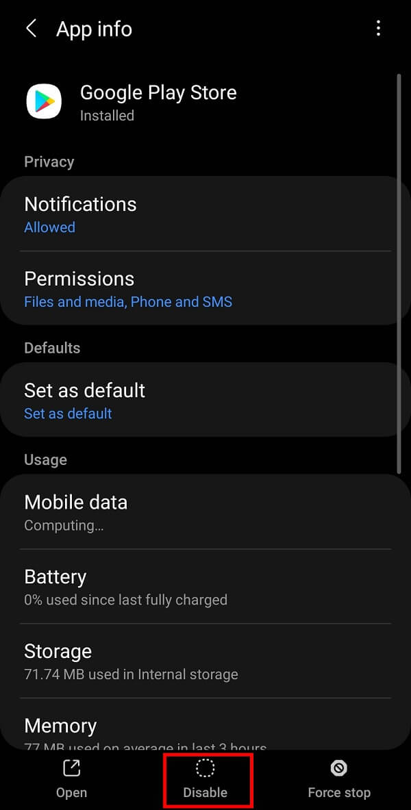 Tap on the Disable option available on your screen. | How to Fix Server Error in Google Play Store
