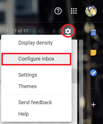 Klik op het tandwielpictogram in de rechterbovenhoek van het scherm en selecteer 'Inbox configureren' in de lijst.