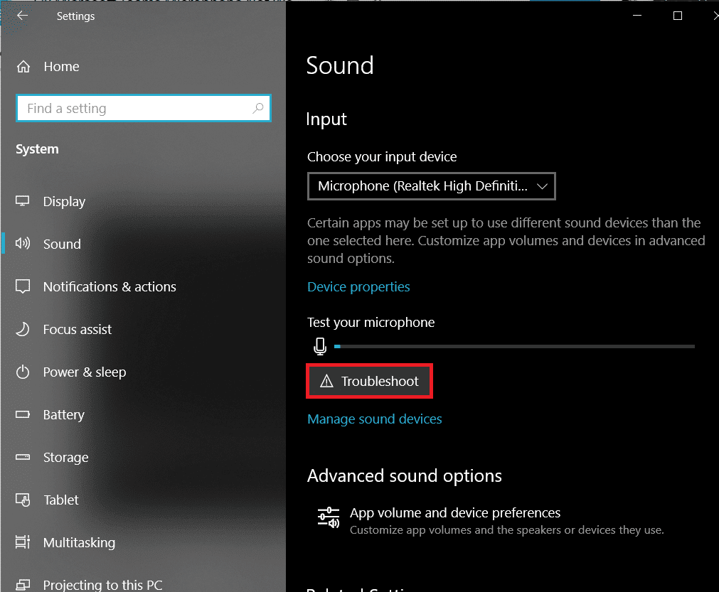 Fare clic sul pulsante Risoluzione dei problemi nella sezione Input |  Risolto il problema con il microfono di Microsoft Teams che non funziona