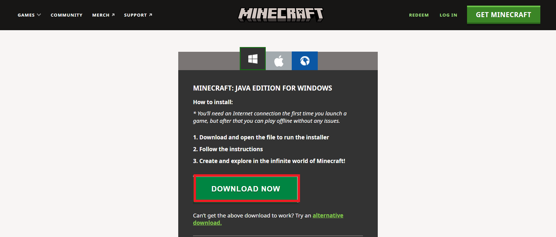 Desplácese hacia abajo y haga clic en la opción Descargar ahora en MINECRAFT JAVA EDICIÓN PARA WINDOWS, como se muestra a continuación