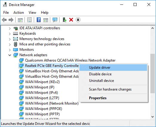 Klikněte pravým tlačítkem na Realtek PCIe FE Family Controller and Update Driver.