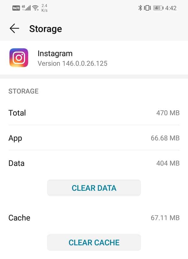 Sotto l'app Instagram, vedi le opzioni per cancellare i dati e svuotare la cache