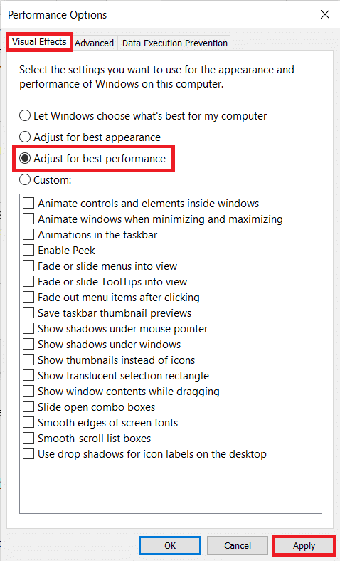 Assurez-vous que vous êtes sur l'onglet Effets visuels, puis sélectionnez Ajuster pour obtenir les meilleures performances