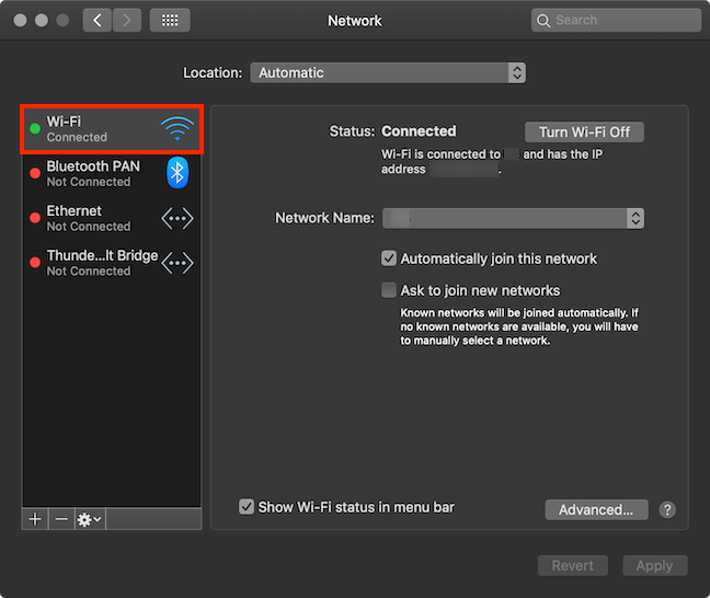 เลือก Wi-Fi จากบานหน้าต่างด้านซ้าย