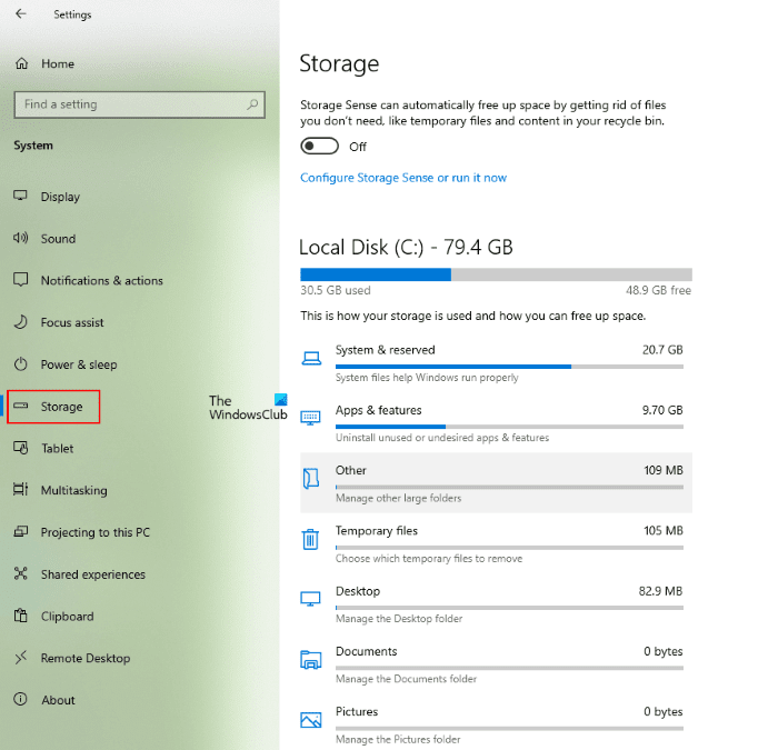 ดูพื้นที่เก็บข้อมูลใน Windows 10