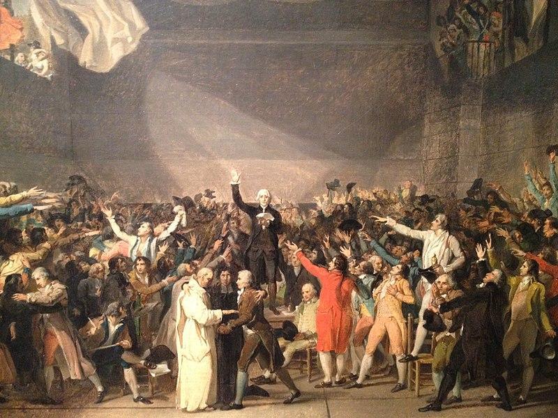 Painting of the members of the newly-declared National Assembly taking the Tennis Court Oath, with arms outstretched. Light is shining in a window with billowing curtains, which is subtle but quite dramatic.