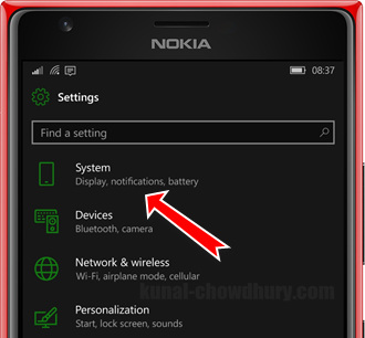 Click on the System settings on Windows 10 Mobile to configure the Quick Actions (www.kunal-chowdhury.com)