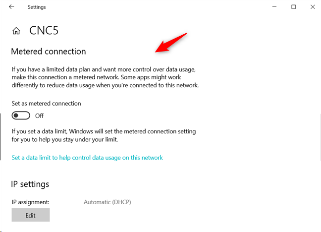 The Metered connection settings from Windows 10