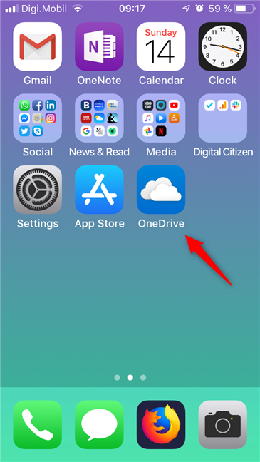 Открытие OneDrive с домашнего экрана iPhone
