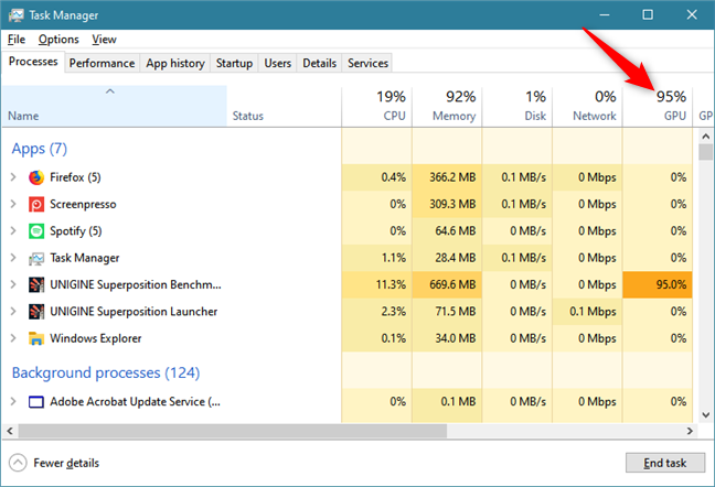 ส่วนหัว GPU จากแท็บกระบวนการจัดการงาน