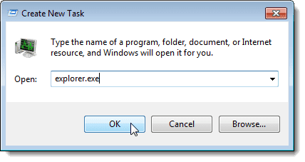Entrer explorer.exe dans la boîte de dialogue Créer une nouvelle tâche