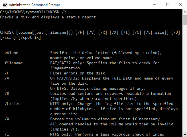 commandes d'aide chkdsk