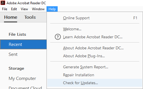 klik op Help en selecteer vervolgens Controleren op updates in het Adobe Reader-menu