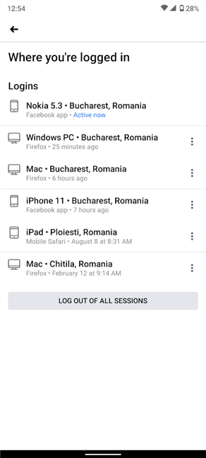 Visualizza l'elenco completo dei dispositivi sull'app Facebook di Android