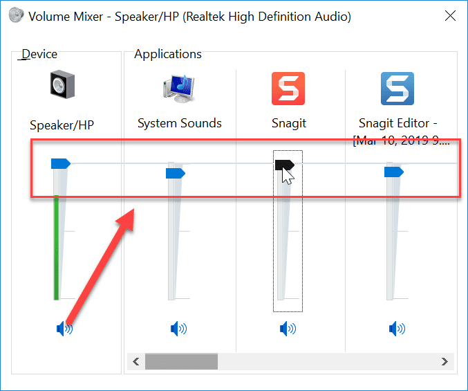 ボリュームミキサーウィザードから、すべてのデバイスのボリュームを最大制限まで増やす必要があります。